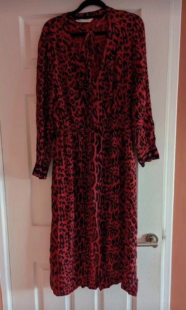 zara red animal print midi dress Zara Black Red Leopard Animal Print Midi Maxi Dress Size XS Flounce Hem