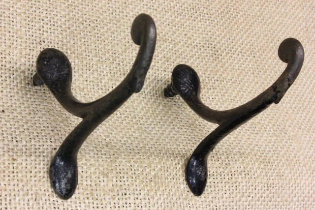 2 Old Single Coat Hooks School Farmhouse Cast Iron Vintage 1850’s Screw in 2 3/4 2