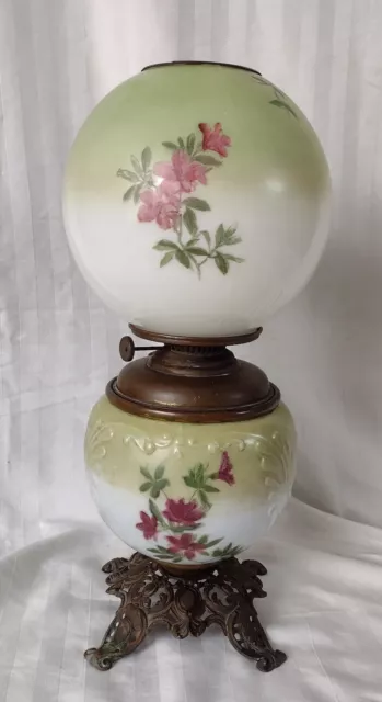 Antique Victorian Green Fuchsia Floral GWTW Glass Oil Table Lamp