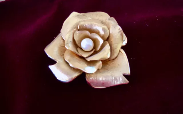 Golden Rose Bloom Brooch Pearl Unsigned Coro 3D Multi Layered Brushed Finish Vtg