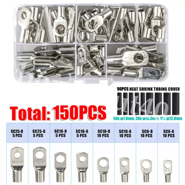 150Pcs Cable Lugs Battery Copper Ring Crimp Terminals Electrical Wire Connectors