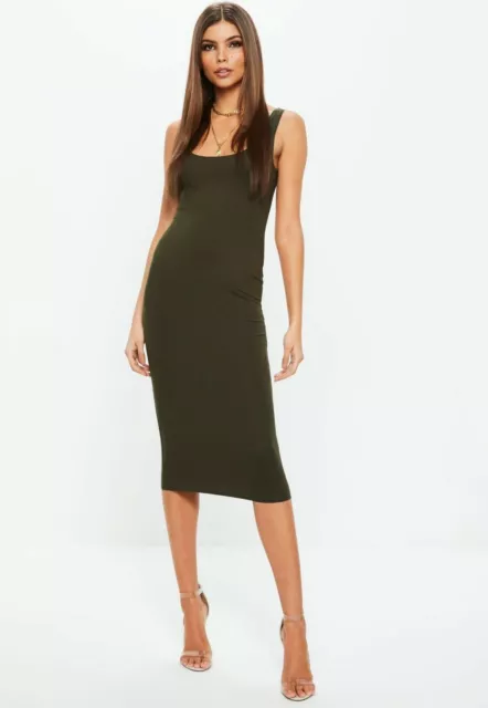 Khaki Sleeveless Scoop Neck Bodycon Midi Dress - Missguided Size 10