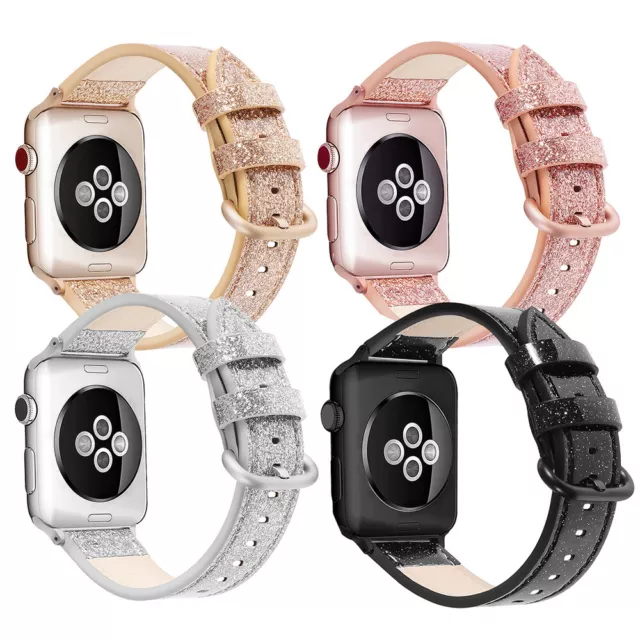 For Apple Watch Series 6 5 4 3 2 1 iWatch SE Glitter Genuine Leather Band Strap