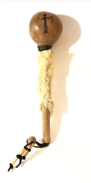 Vintage Native American Gourd Rattle w/ Beads & Fur- Shaman Ceremonial.