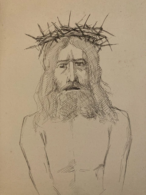 Jesus Ink Drawing VERY NICE DRAWING Antique Ink Christ Jesus Crown Thorn Art Xixth to ...