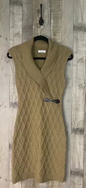 Women's Calvin Klein Tan Camel Cable Knit Sleeveless Sweater Dress SZ S