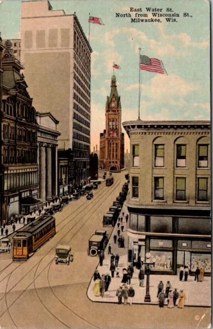 Postcard East Water St. North at Wisconsin St. Milwaukee WI c.1907-1915     O635