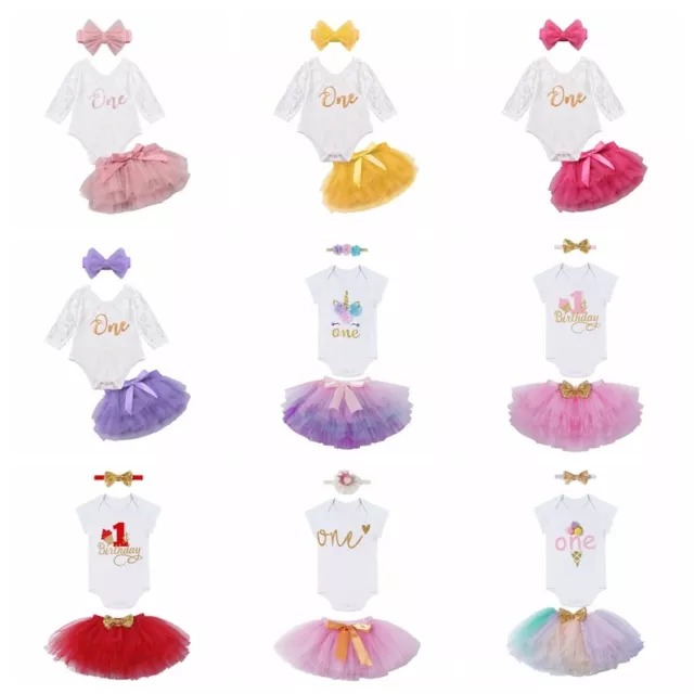 Baby Girls 1st Birthday Outfits Newborn Party Tutu Skirt+Romper+Headband Set
