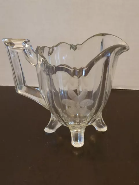 VINTAGE GLASS Pressed Clear Glass Creamer Etched Floral Trim