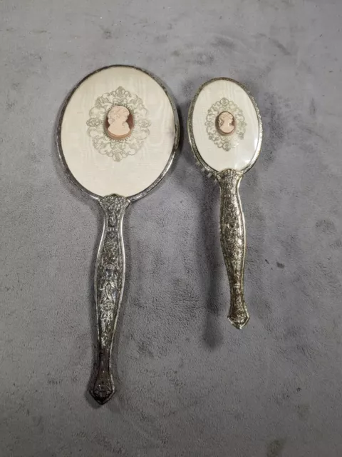 Heavy Antique Silver Plated Ornate Vanity Hand-Held Mirror and Brush Set