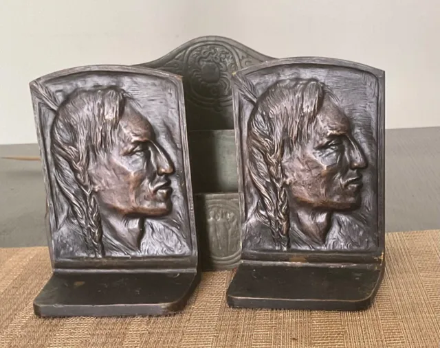 antique Griffoul solid bronze bookends, Sioux Indian Brave, Circa 1915, Signed