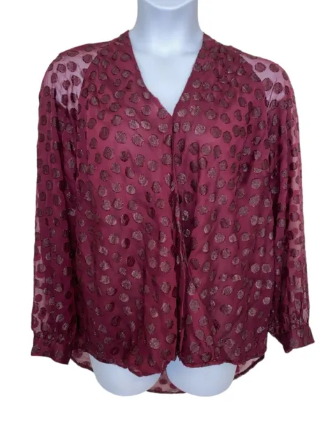 Sheered Lined Blouse By Jennifer Lopez Sz 1X 18 20 Burgundy Top Wrap Surplice