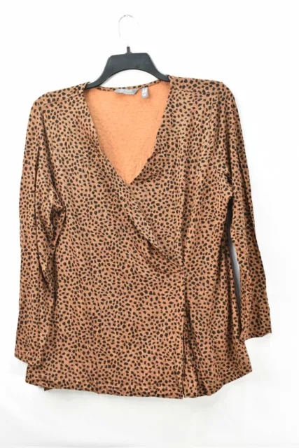 Lisa Rinna Collection Womens 1x Plus Animal Print V-Neck Top Blouse, Brown, NwoT