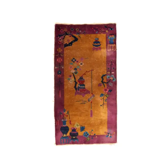 Antique Chinese Art Deco floral vase rug — 2'8 x 5