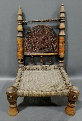 Antique Hand Carved Wood Leather SWAT VALLEY Northern Pakistan TRIBAL CHAIR
