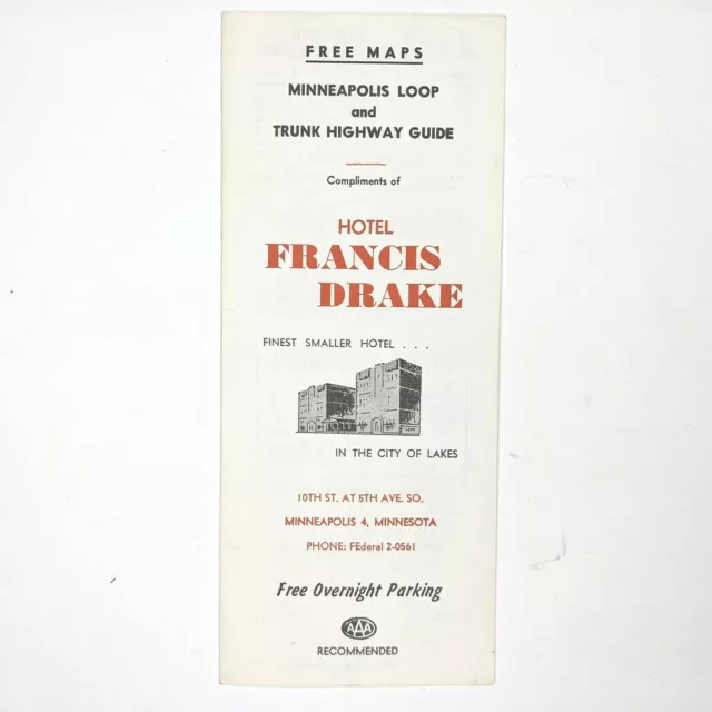 1957 Minneapolis, MN Hotel Francis Drake Ad Brochure Highway Guide Map Loop 2L