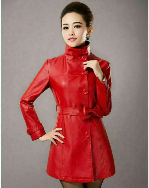 WOMEN HALLOWEEN GENUINE Lambskin Leather Trench Coat Button HOT Red ...