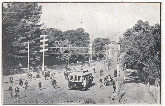 ADELAIDE'S FRST ELECTRIC CAR tram OLD POSTCARD South Australia c1910