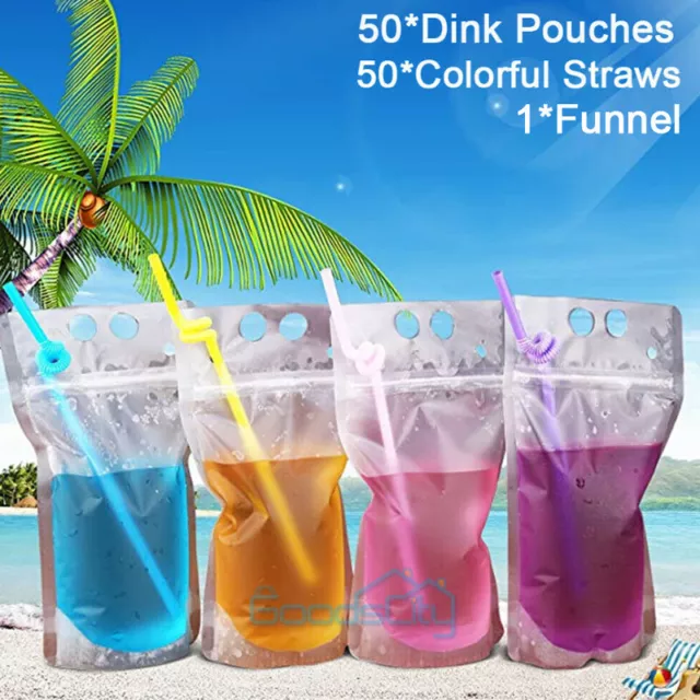 100PCS (Drink Pouches Bags + Straws )  Stand-Up Zipper for Cold & Hot Drinks