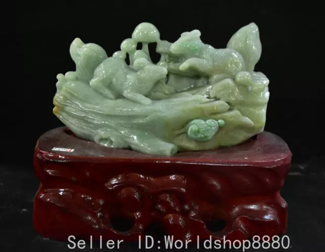 7.2" Chinese Natural Emerald Jade Carved Mushroom Pair Squirrel Statue Sculpture