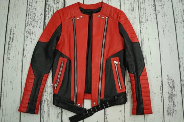 BALMAIN H&M leather rider jacket biker jacket red black size EUR 44 US34R US 34