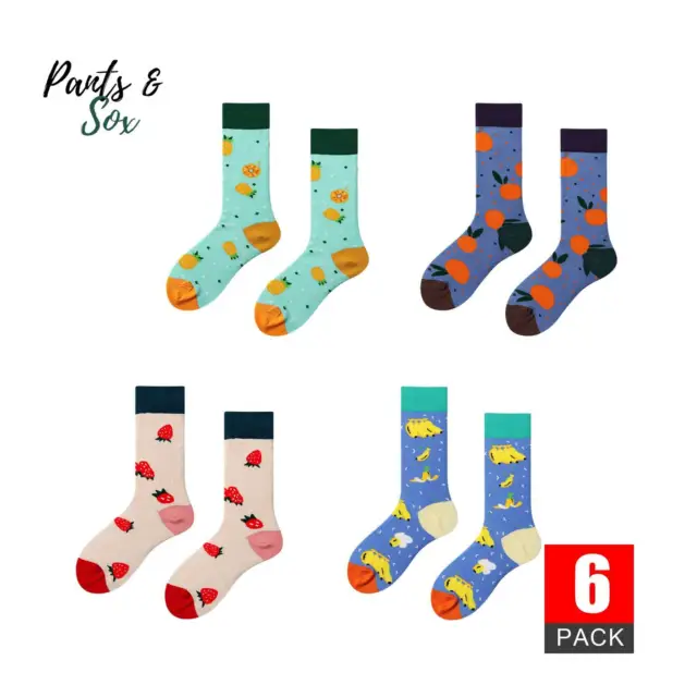 6 Pairs Womens Colourful Fancy Novelty Fruit White Blue Casual Cotton Crew Socks