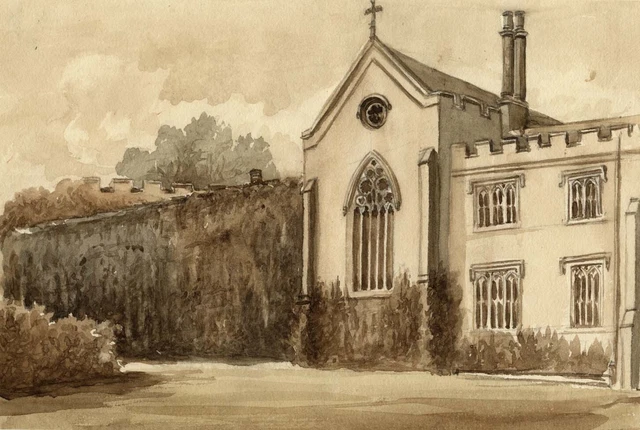 M. Conway, Abbey Wall & Gardens in Sepia –late 19th-century watercolour painting