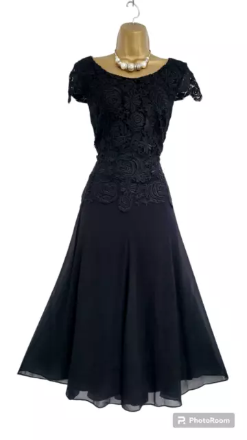 JACQUES VERT size 14 Black crochet floaty fit & flare formal evening dress VGC