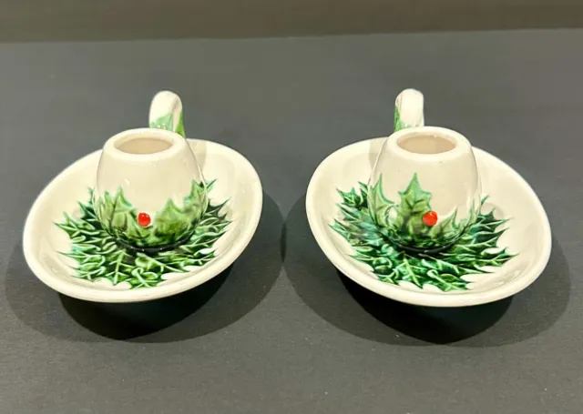 Pair of Vtg LEFTON Christmas Candle Holders w/ Handle Holly Berries #1341 READ