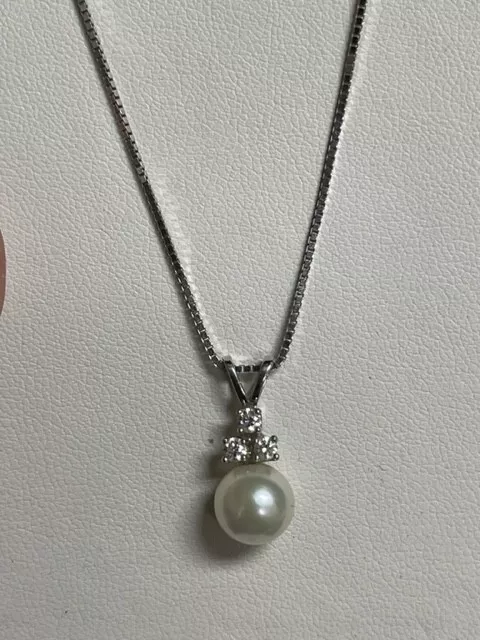 14k White Gold Box Chain Necklace w/ Pearl Diamond Pendant .13cts VS-2 3.6g DS30