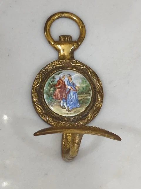 Vtg BRASS SCENE ORNATE ORNAMENTAL WALL HOOK WALL HANGER victorian porcelain