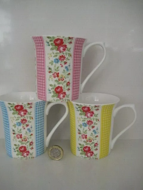 3 x CATH KIDSTON BLUMENPANEL & GINGHAM KARO TEE KAFFEETASSE ROSA BLAU GELB