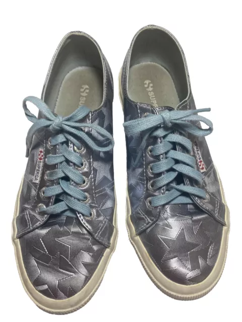 SUPERGA Sneakers Shoes Blue Metalic Stars Lace Up Size W8.5; M7