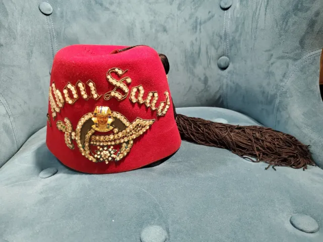 Masonic Shriner Jeweled Fez Hat: Abou Saad. Tassel Clip. Red Cap