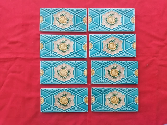 8 Piece Lot Old Art Flower Design Embossed Majolica Ceramic Tiles Japan 0193 5