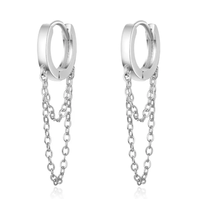 Womens Tassel Chain Earrings 925 Sterling Silver Hoop Huggie Earrings 2 Color