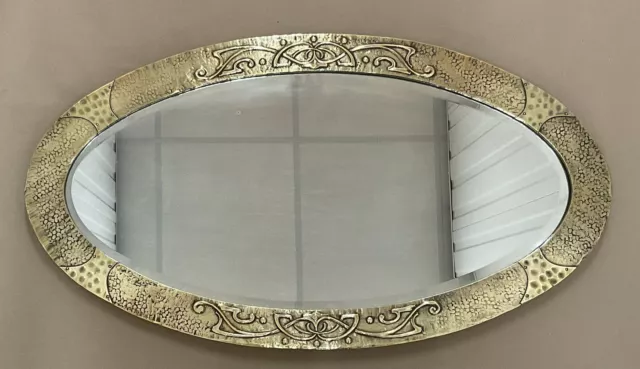 Antique Arts And Crafts Brass Planished And Celtic Knot Design Oval Mirror C1890