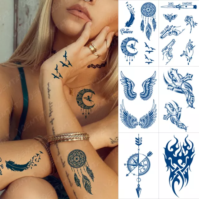 6PCS Wings Gun Cross Juice Ink Waterproof Temporary Tattoo Sticker For Women