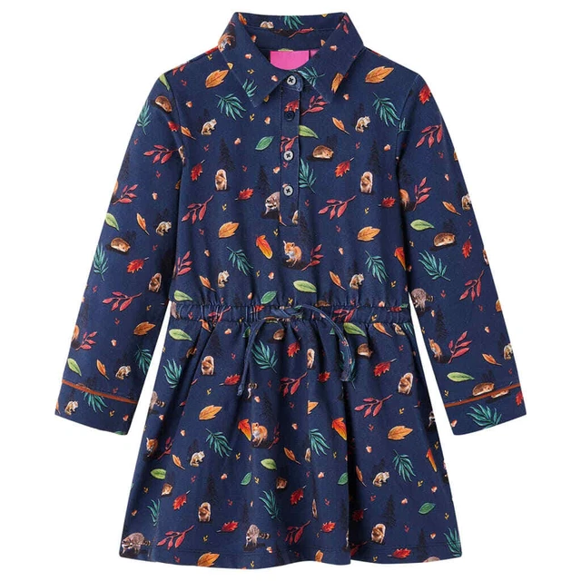 Abito da Bambina a Maniche Lunghe con Stampa Foglie Blu Marino 128 vidaXL