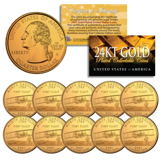 2001 North Carolina State Quarters US Mint BU Coins 24K GOLD PLATED Quantity 10