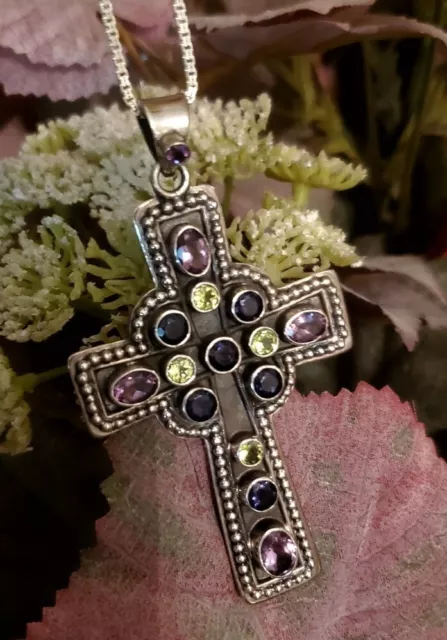 Gorgeous 925 Sterling Silver & Multi Gemstone Cross Pendant  Necklace