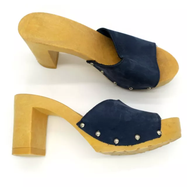 CANDIES Vintage 80's Demi Chunky Block Heel Platform Sandal Slide Blue Suede 9.5 3