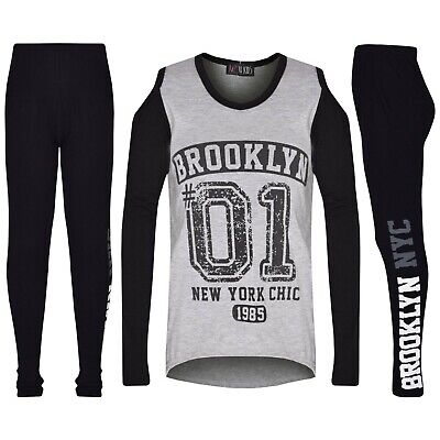 Kids Girls Tops Brooklyn 01 Print Grey T Shirt Top & Legging Outfit Clothing Set