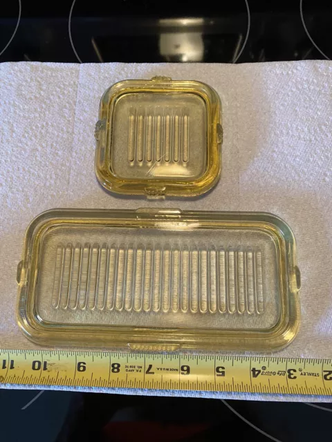 Vintage Federal Glass Refrigerator Dish LID ONLY, Amber/Yellow Ribbed Set Of 2