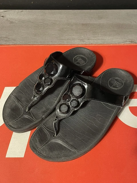 Fitflop Lunetta Black Patent Flip Flop Womens Size 7 Thong Sandal Jewels 181-001