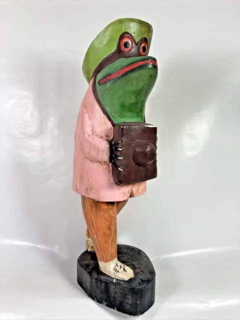 Hand Carved Wooden Green Frog Sculpture Reading Library Book Indonesia Large 12"