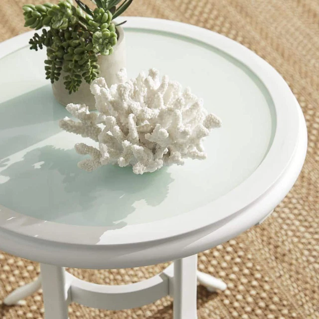 Outdoor Patio Side Table Round Glass Top Aluminum In Shell White