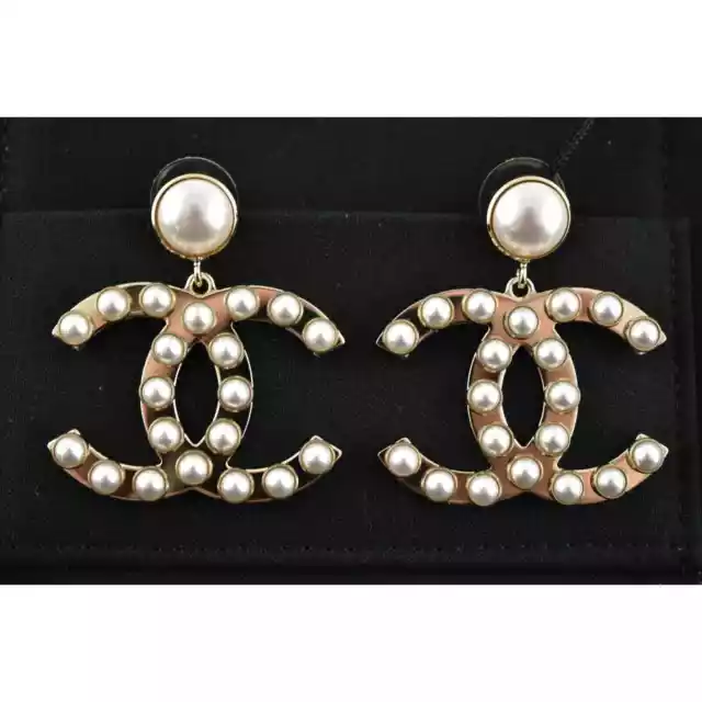 NWT Chanel RUNWAY XL CC Logo Pearl Crystal Gold Tone Large Drop Earrings w/  Box