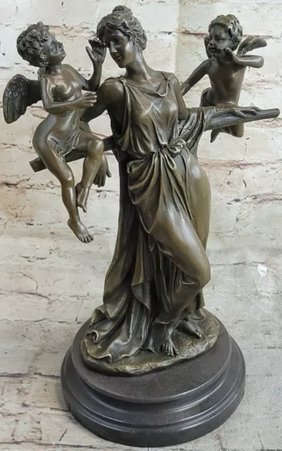 Elegante Mujer Carne Querubín Niño Madre Angel Bronce Mármol Estatua Art Déco