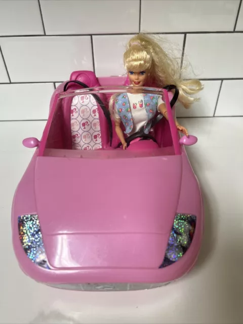 Barbie Convertible Toy Car, Bright Pink with Seatbelts and Rolling